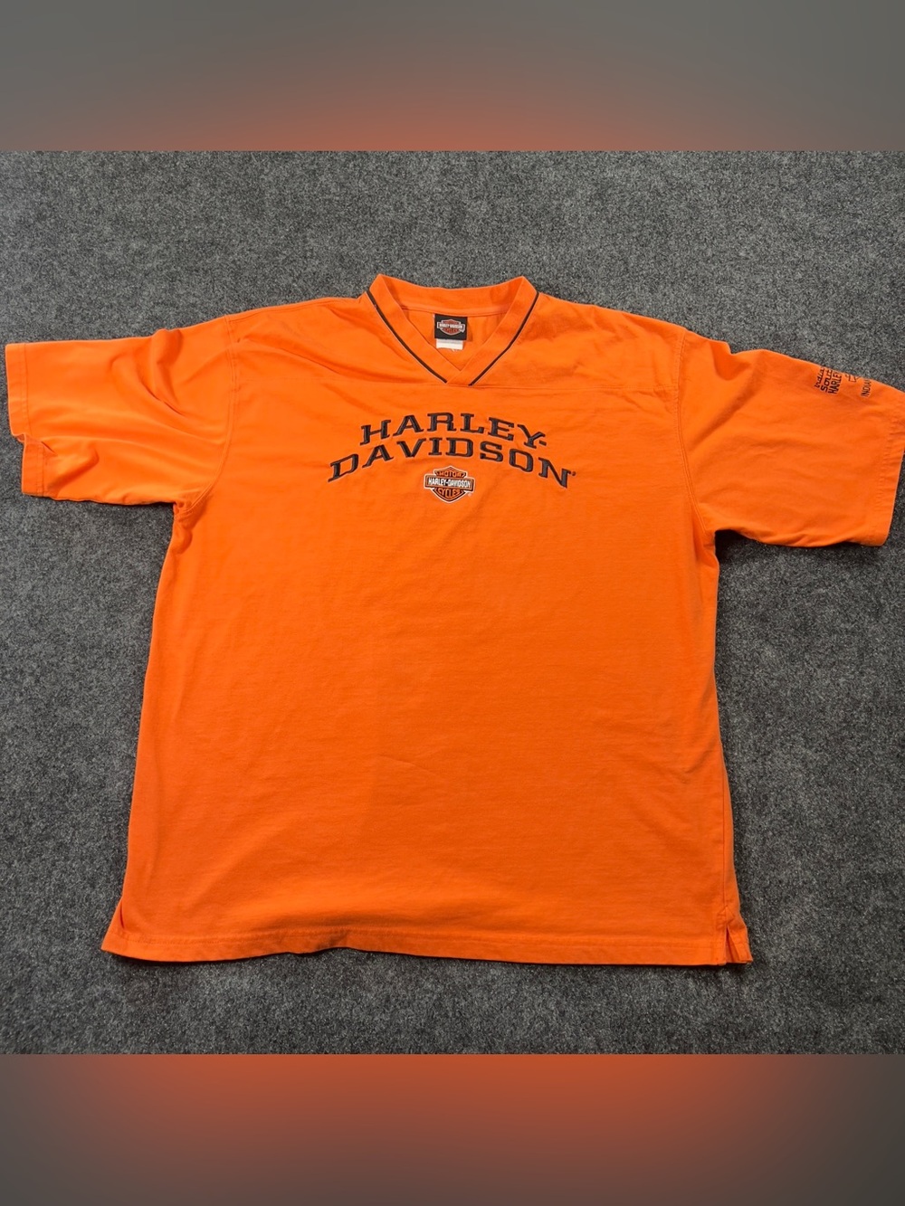 Harley Davidson Orange Embroidered V Neck Shirt Mens XL
